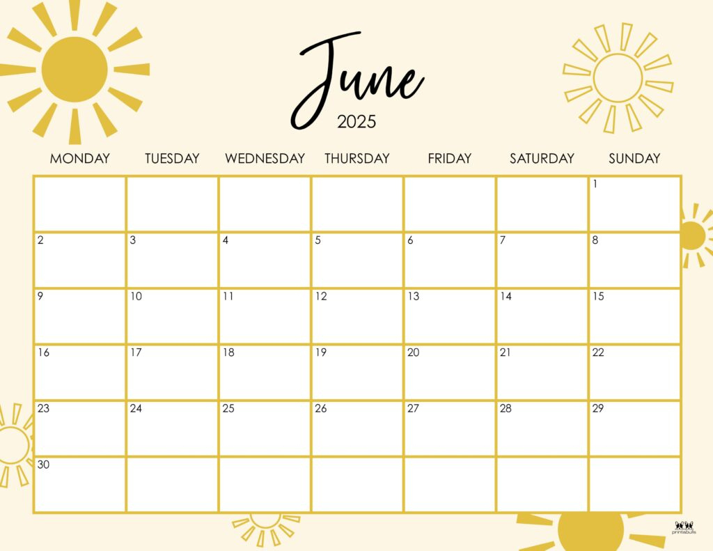 June 2025 Calendars - 107 Free Printables | Printabulls - June 2025 Calendar Monday Start
