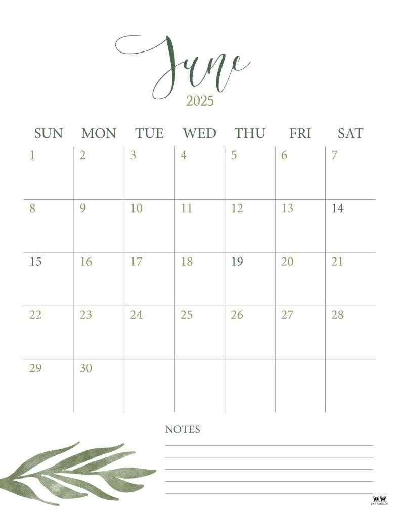 June 2025 Calendars - 107 Free Printables | Printabulls - June 2025 Calendar with Notes