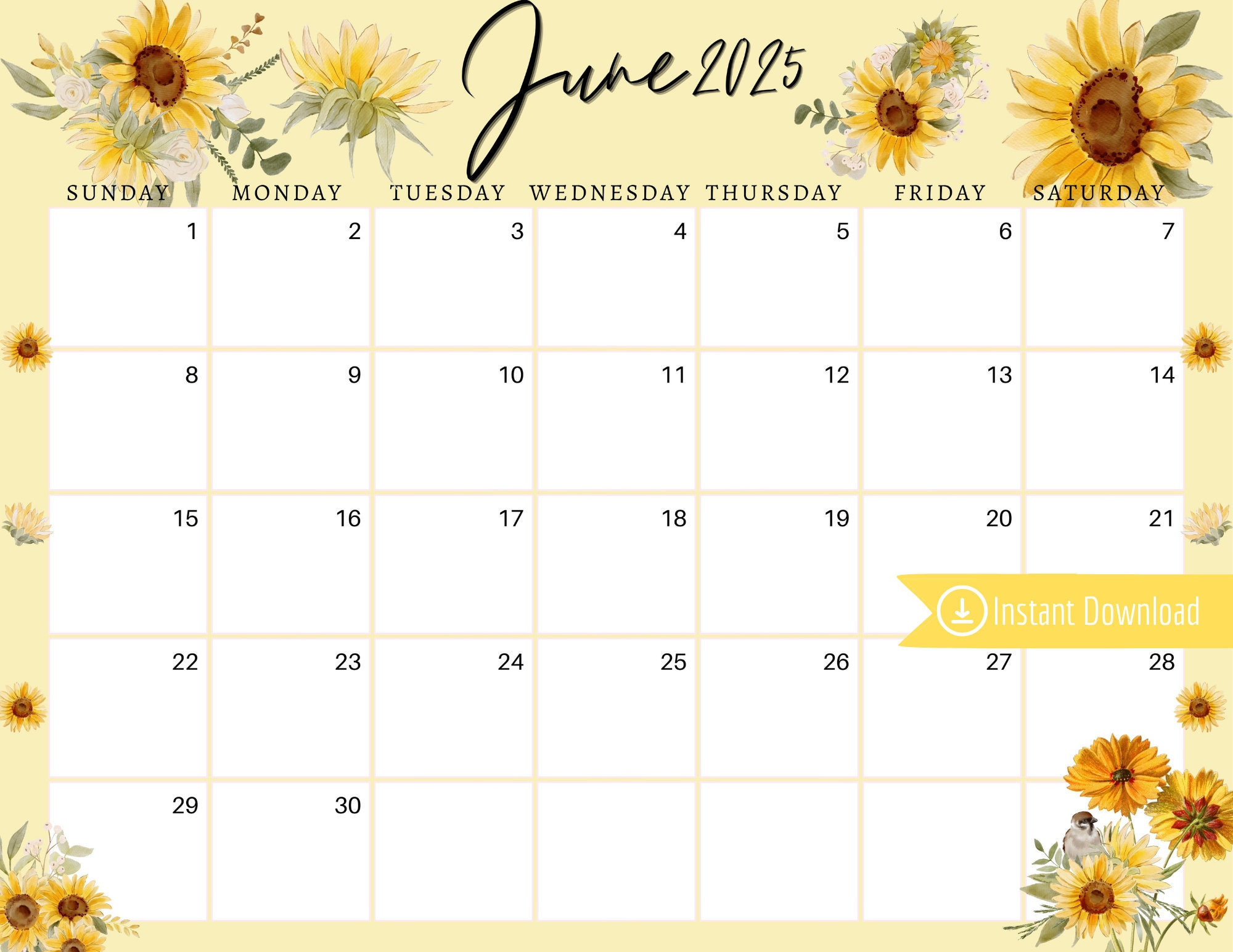 June 2025 Digital Calendar - Yellow Sunflowers Planner Editable - Sunflower June 2025 Calendar
