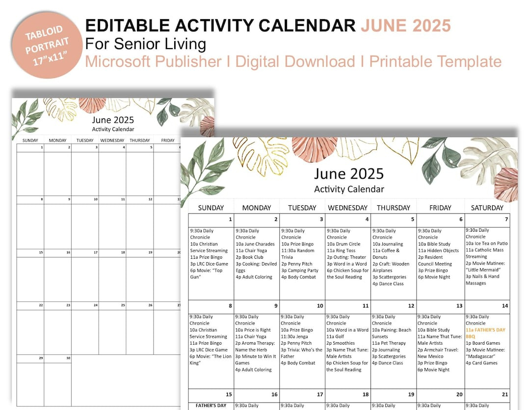 June 2025 Editable Monthly Activities Calendar For Senior Living - June Activity Calendar For Seniors 2025