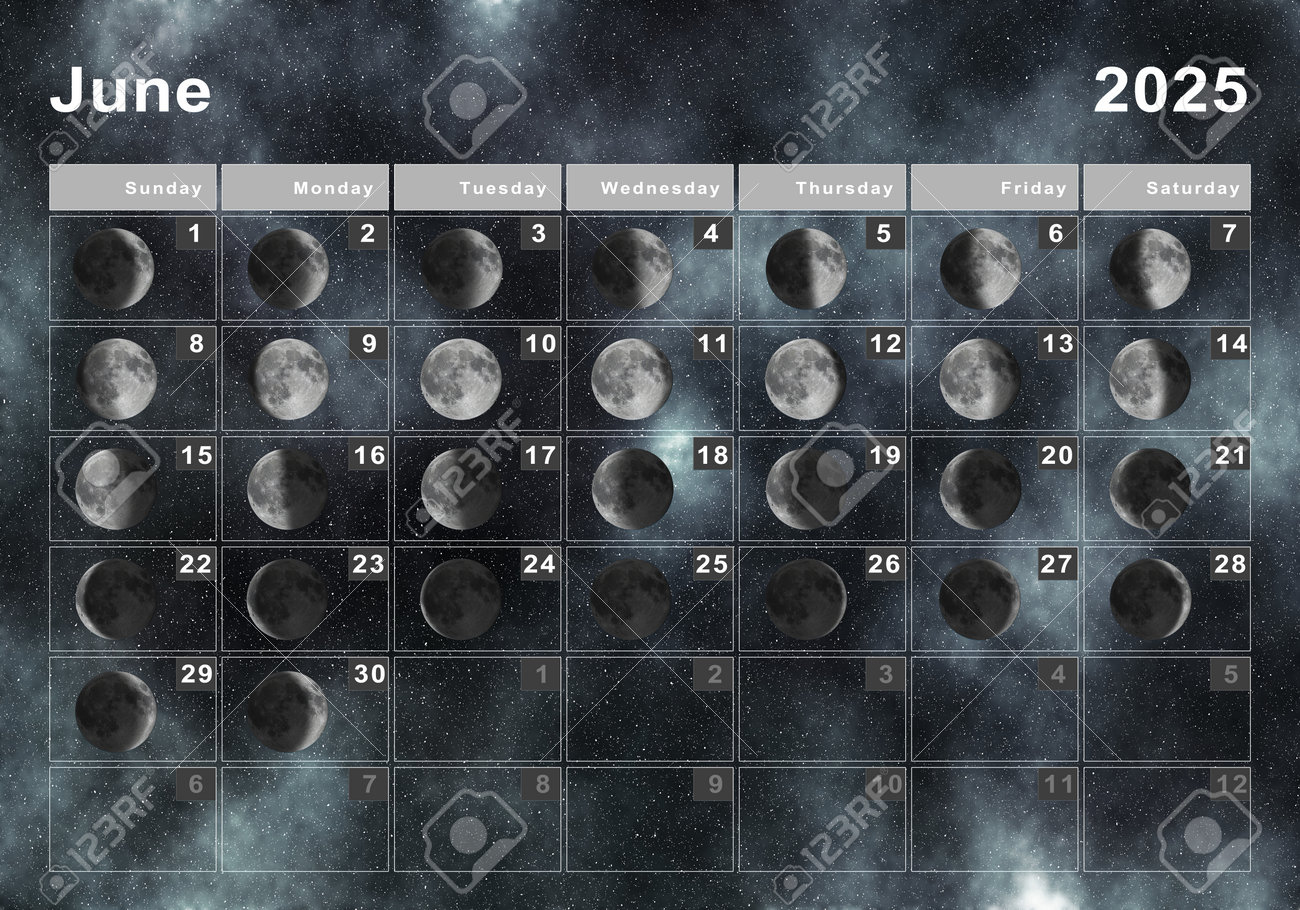 June 2025 Lunar Calendar, Moon Cycles, Moon Phases Stock Photo - June 2025 Lunar Calendar
