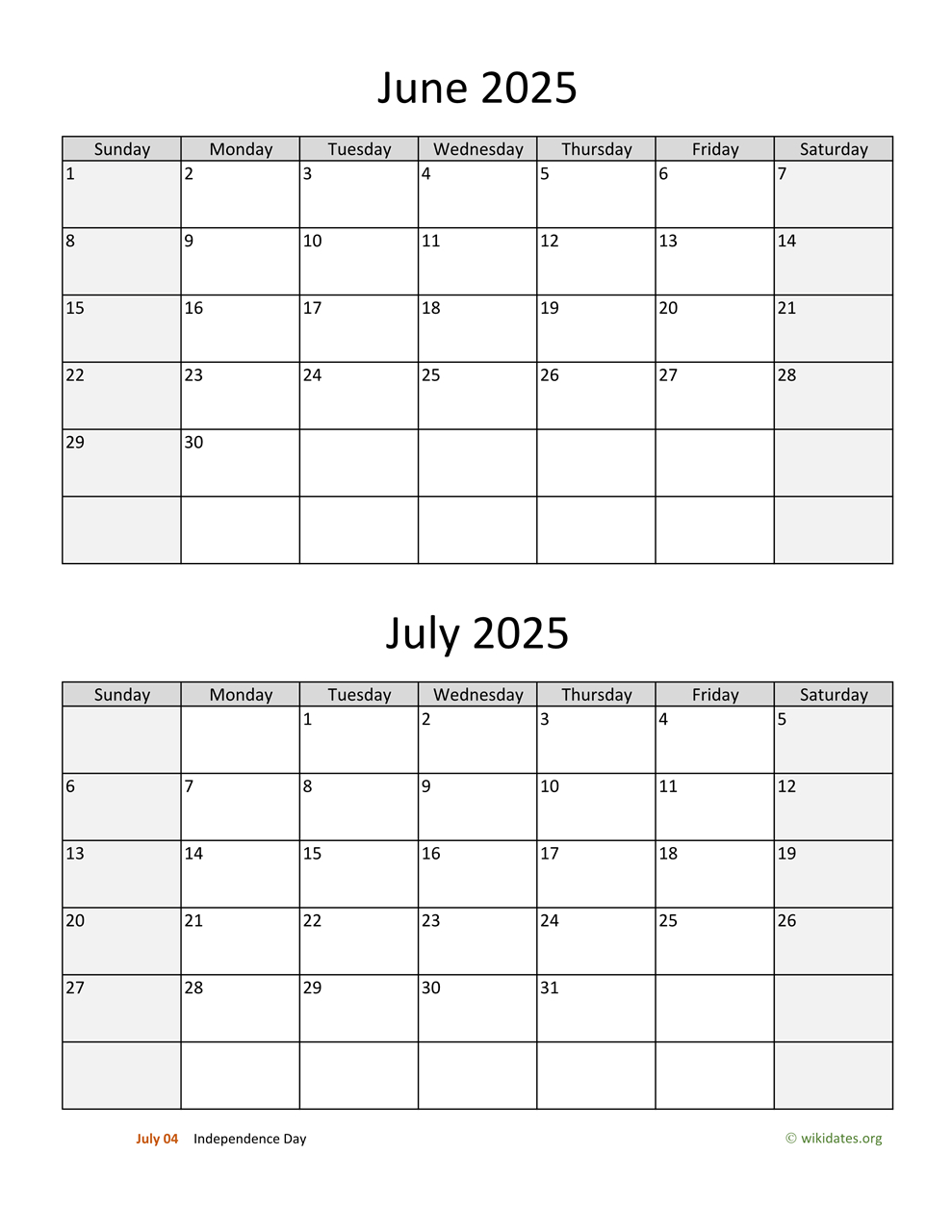 June And July 2025 Calendar | Wikidates - Calendar For June and July 2025