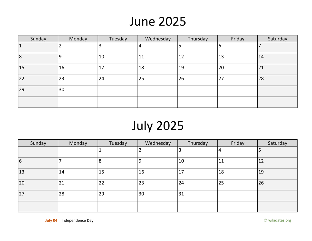 June And July 2025 Calendar | Wikidates - June and July 2025 Editable Calendar