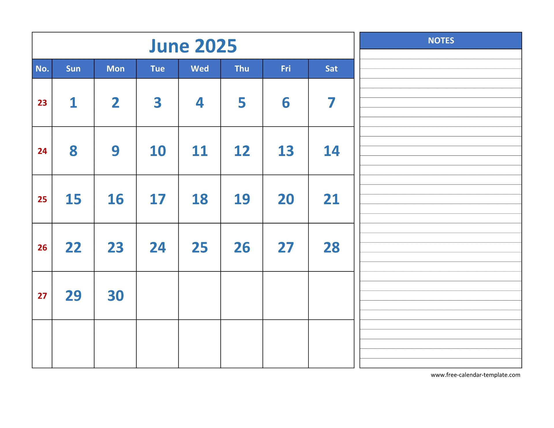 June Calendar 2025 Grid Lines For Holidays And Notes (Horizontal - June Calendar 2025 With Lines