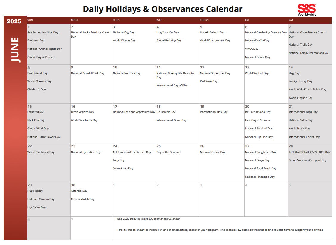 June Daily Holidays &amp;amp; Observances Printable Calendar - S&amp;amp;S Blog - Printable June Calendar with Holidays