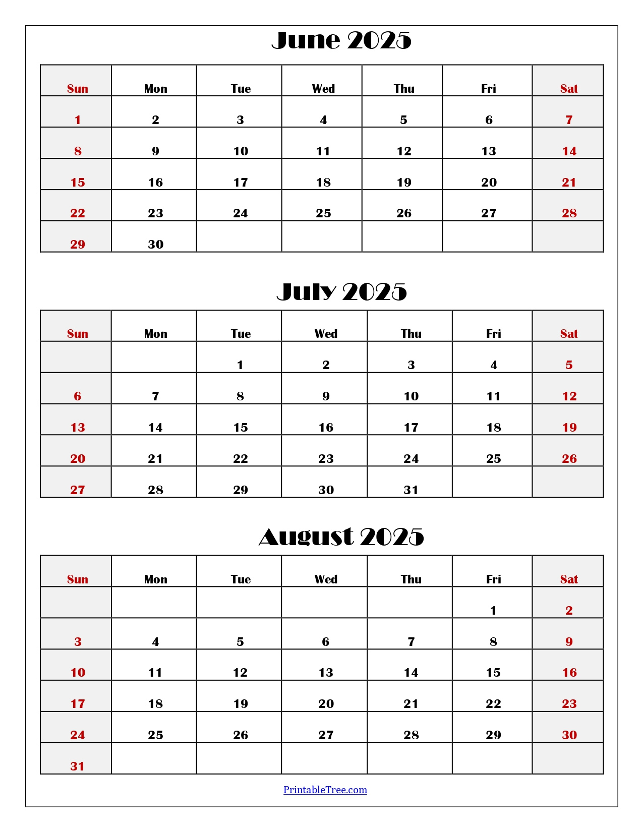 June To August 2025 Calendar Printable Pdf | Three Months Calendar - June Through August 2025 Calendar