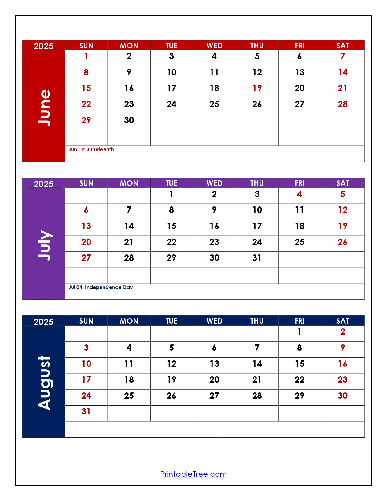 June To August 2025 Calendar Printable Pdf | Three Months Calendar - June Through August Calendar 2025