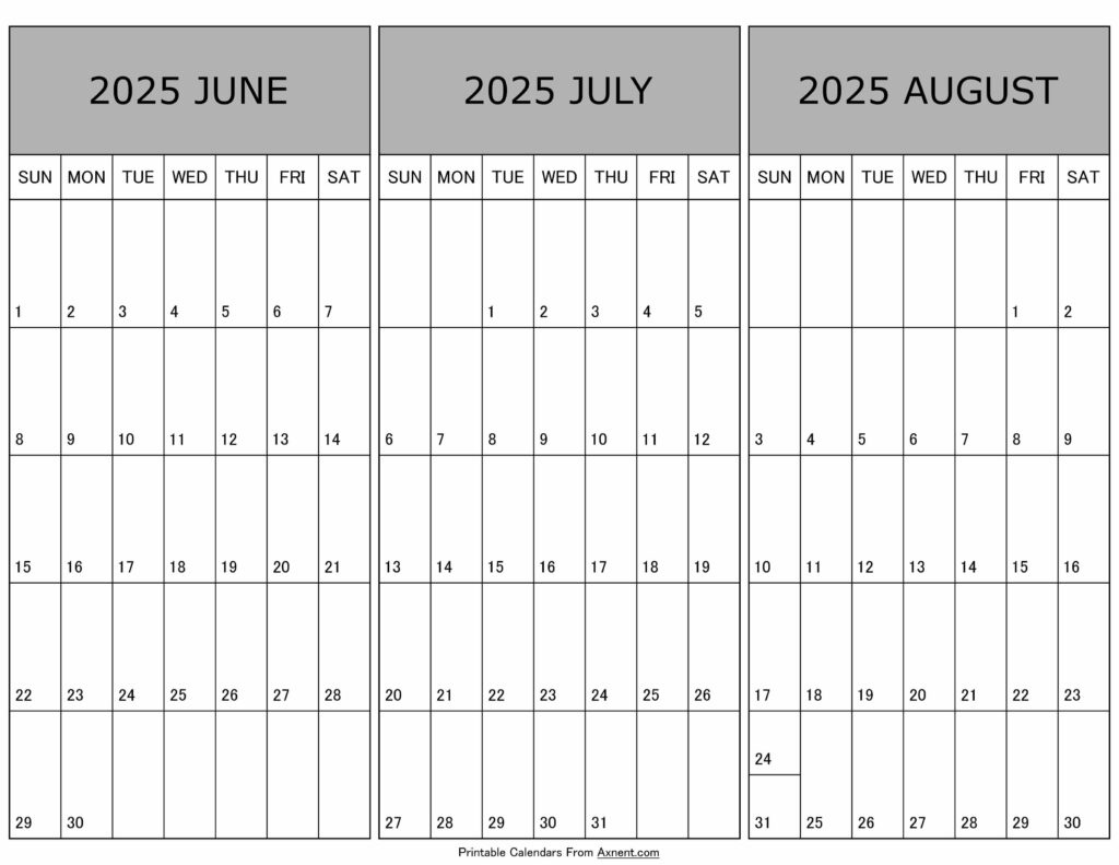 June To August Calendar 2025 Templates - Three Months - 3 Month Calendar June July August 2025
