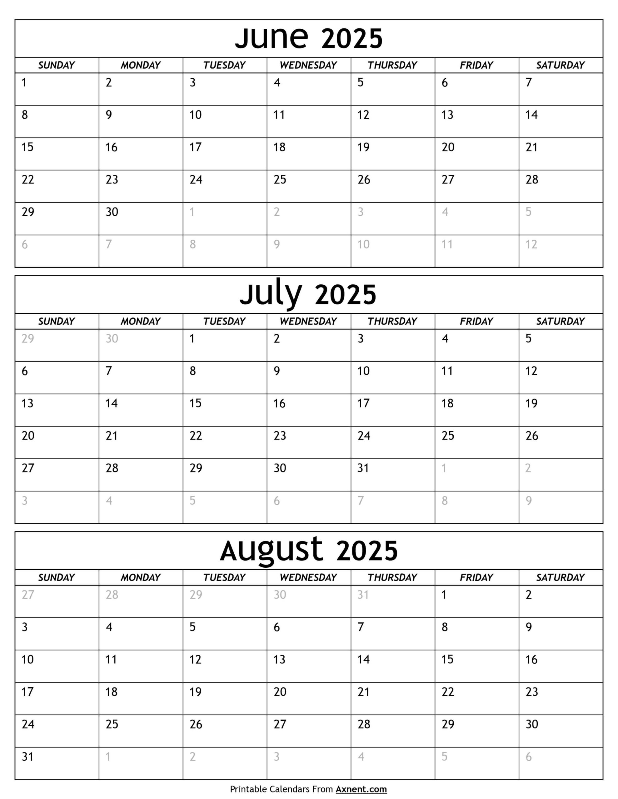 June To August Calendar 2025 Templates - Three Months - June Through August 2025 Calendar