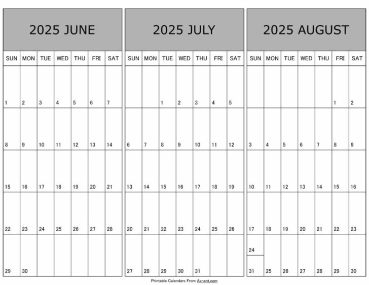 Printable 3 Month Calendar June July August 2025