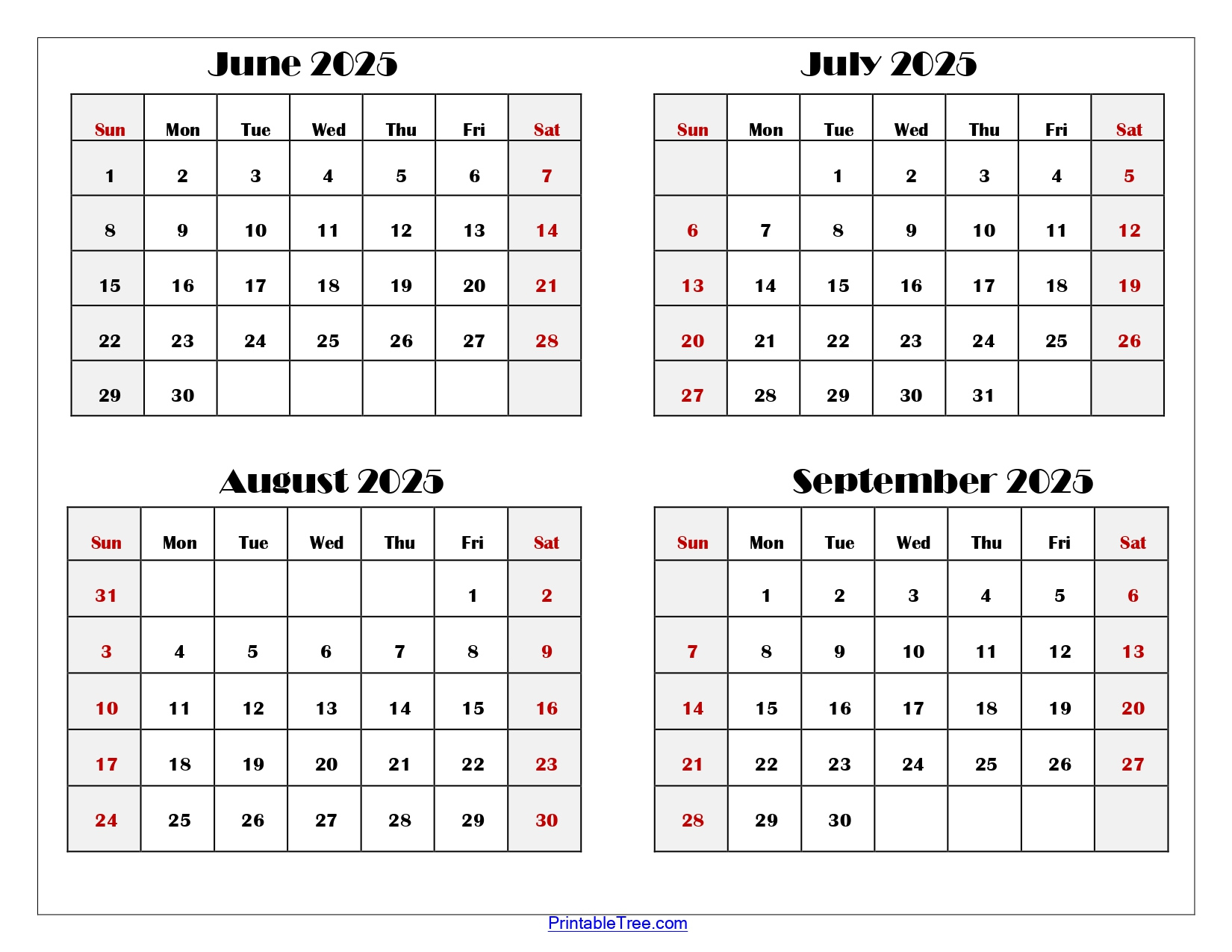 June To September 2025 Calendar Printable Pdf | Four Months Calendar - Calendar June July August September October 2025