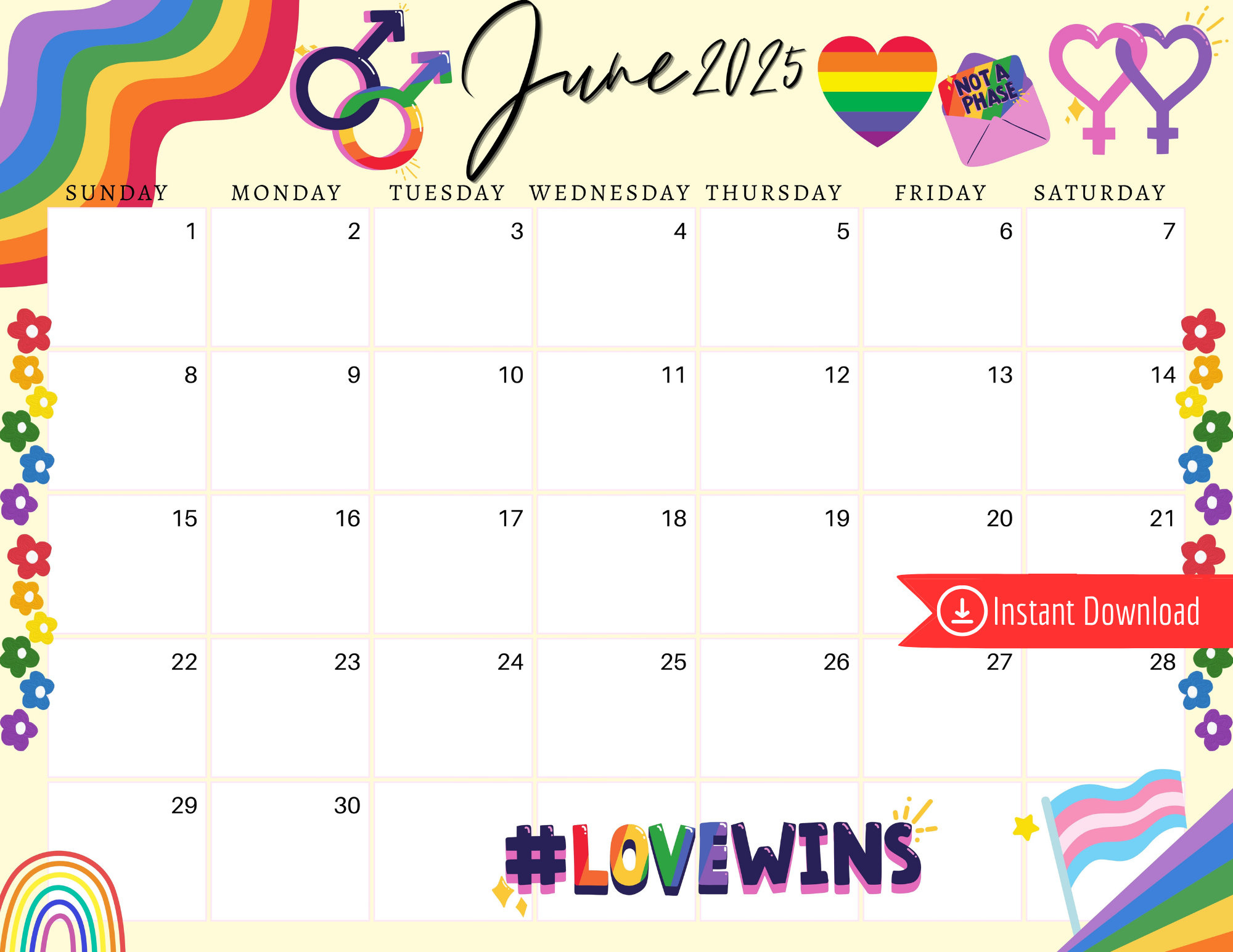 Juni 2025 Digitaler Kalender - Queer Pride Planer Bearbeitbarer - June Pride Month Calendar 2025