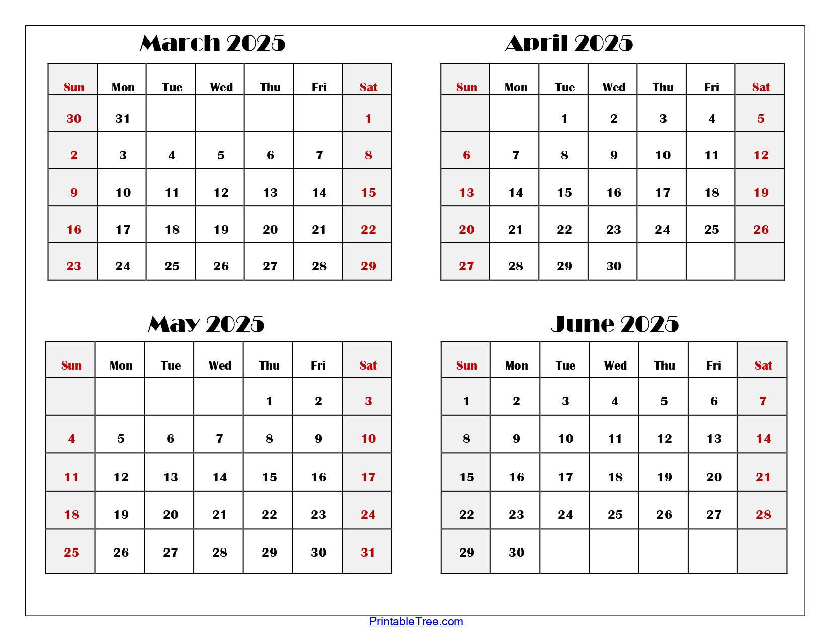 March To June 2025 Calendar Printable Pdf | Four Months Calendar - March April May June Calendar 2025