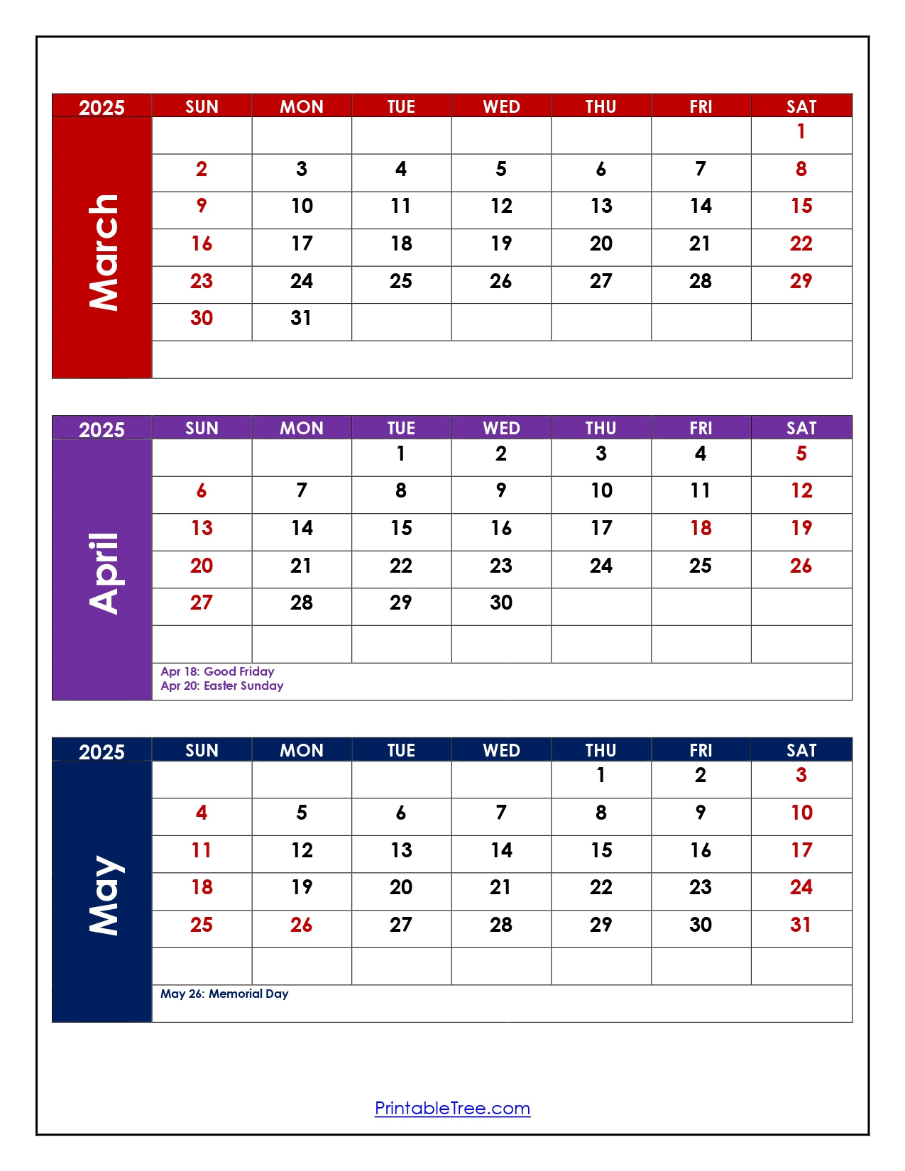 March To May 2025 Calendar Printable Pdf | Three Months Calendar - March April May June Calendar 2025
