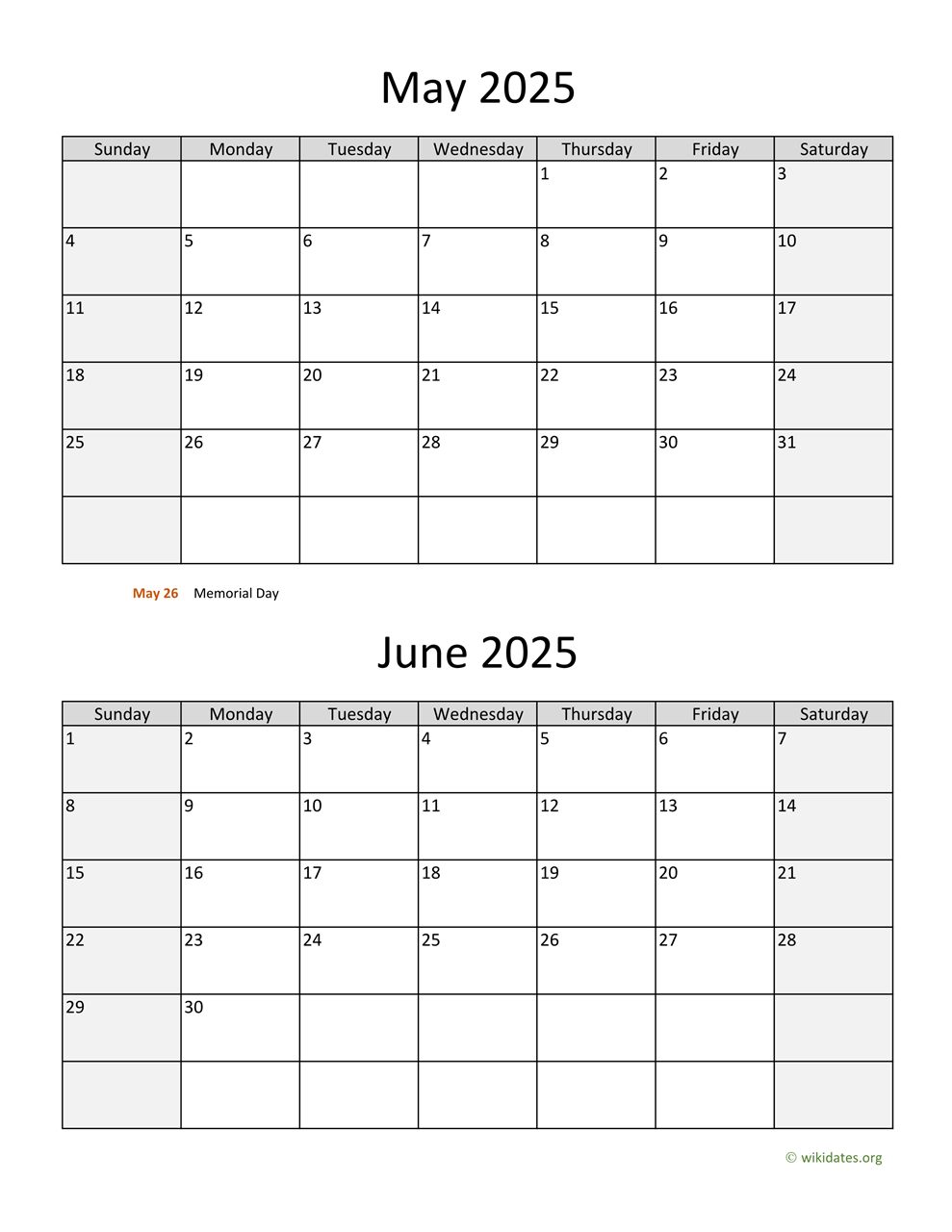 May And June 2025 Calendar | Wikidates - Calendar For May And June 2025