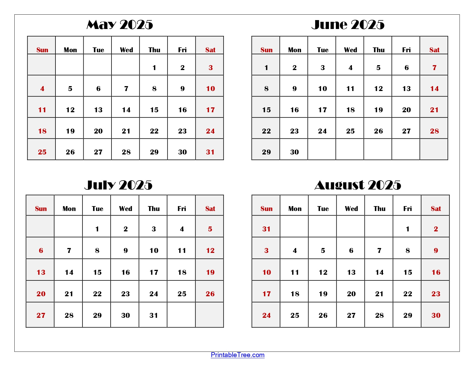 May To August 2025 Calendar Printable Pdf | Four Months Calendar - May June July August 2025 Calendar