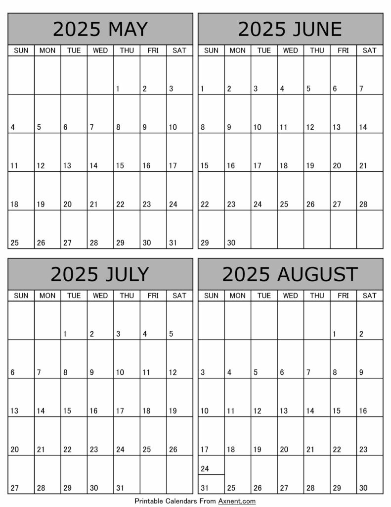 May To August 2025 Calendar Templates - Four Months - May June July August Calendar 2025