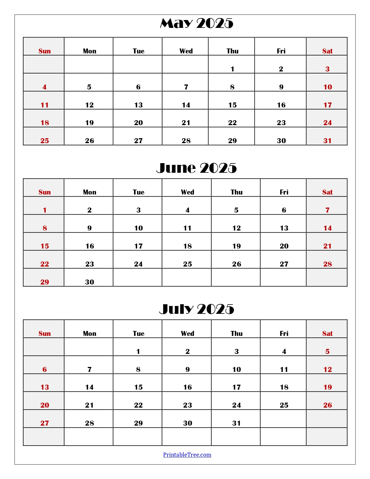May To July 2025 Calendar Printable Pdf | Three Months Calendar - Calendar For May June And July 2025