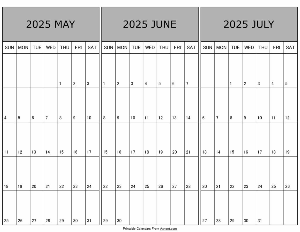 May To July Calendar 2025 Templates - Three Months - 3 Month Calendar May June July 2025