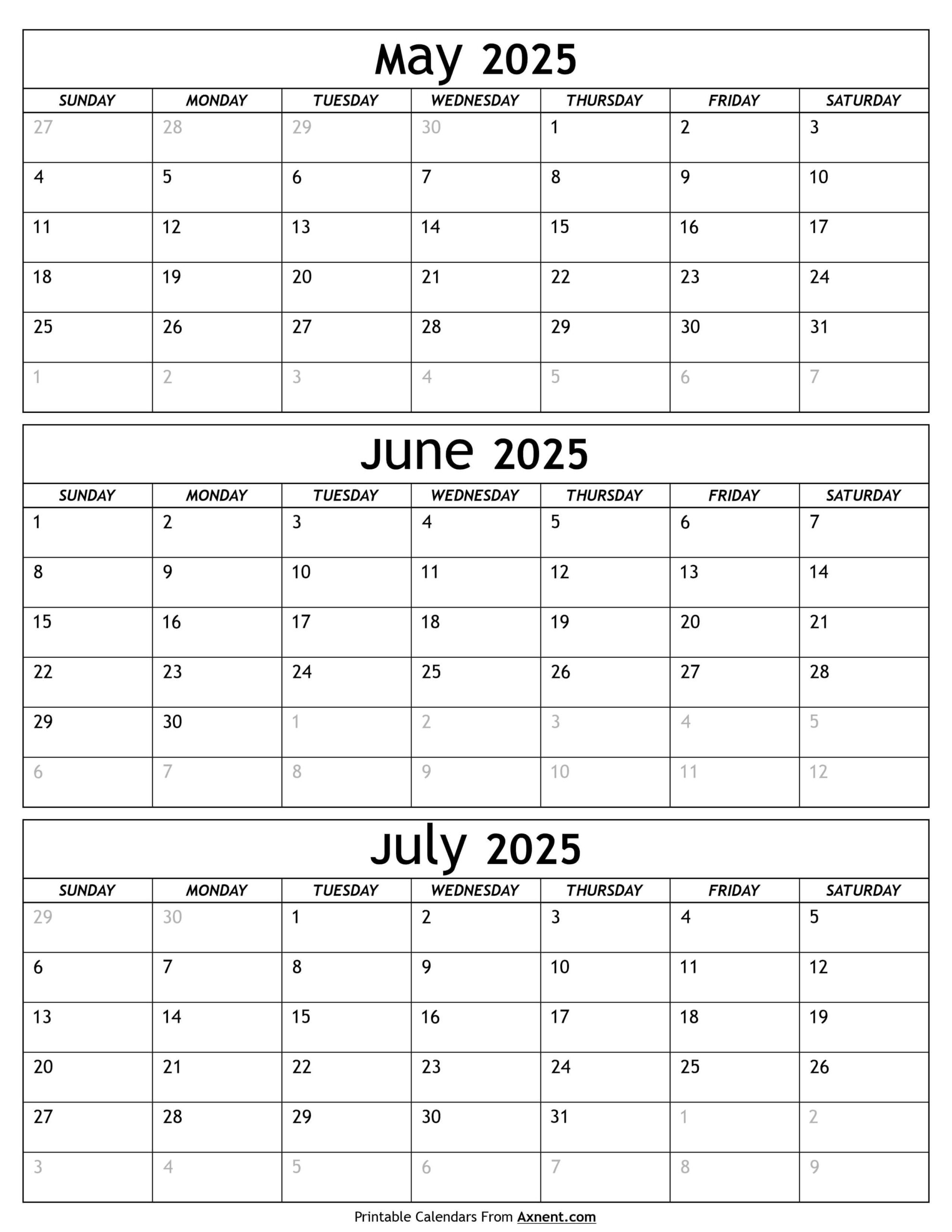 May To July Calendar 2025 Templates - Three Months - Calendar For May June And July 2025