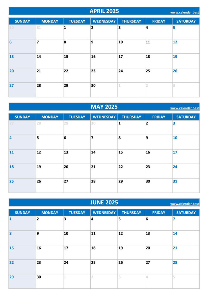 Printable 3 Month Calendar 2025 April May June