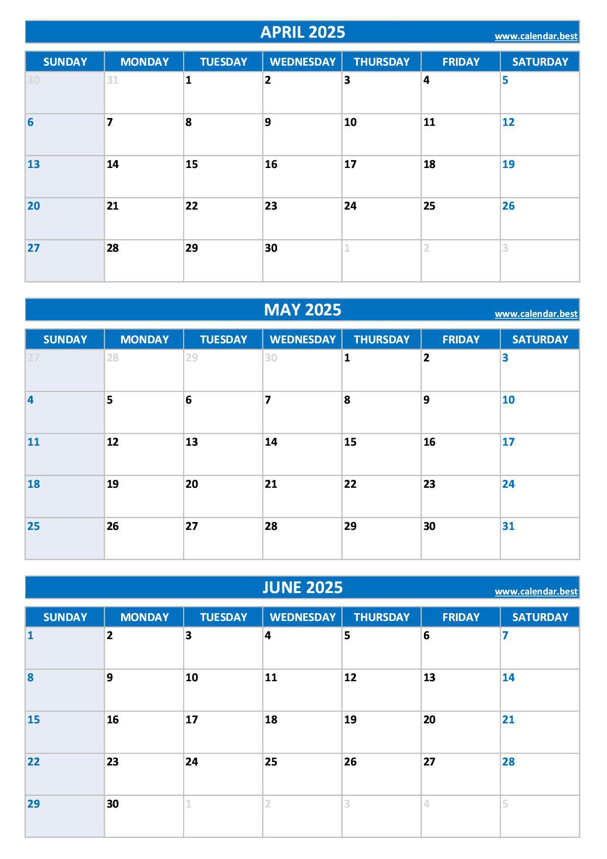 Printable 2Nd Quarter 2025 Calendar - Printable 3 Month Calendar 2025 April May June