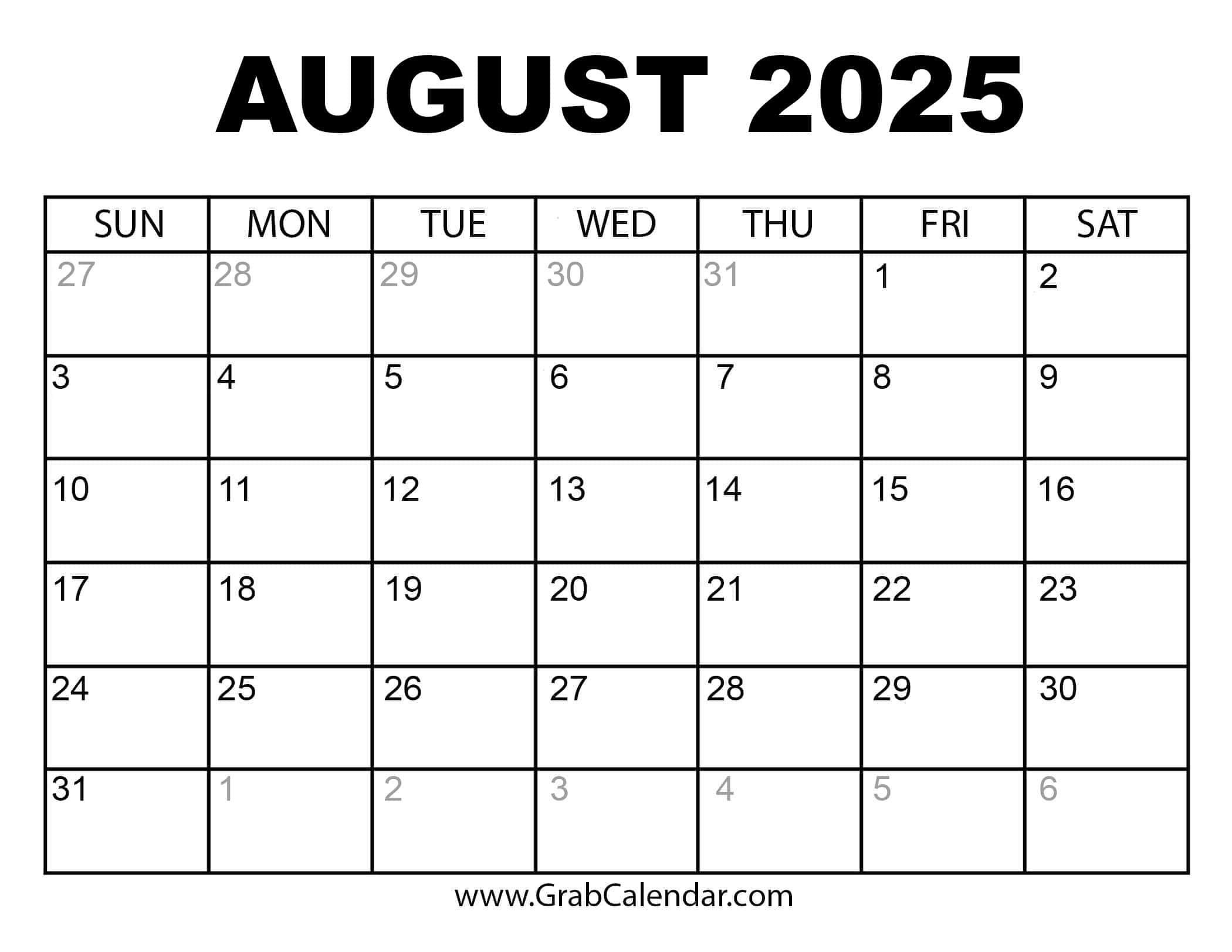 Printable August 2025 Calendar - August 2024 - June 2025 Calendar