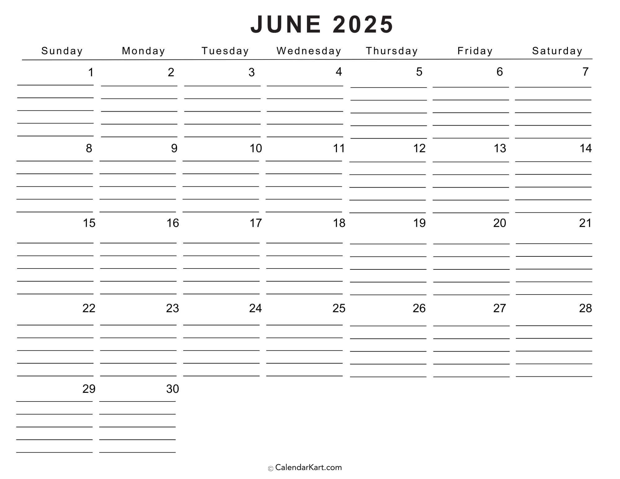 Printable Cute June 2025 Calendar Templates | Calendarkart - June 2025 Calendar Fillable