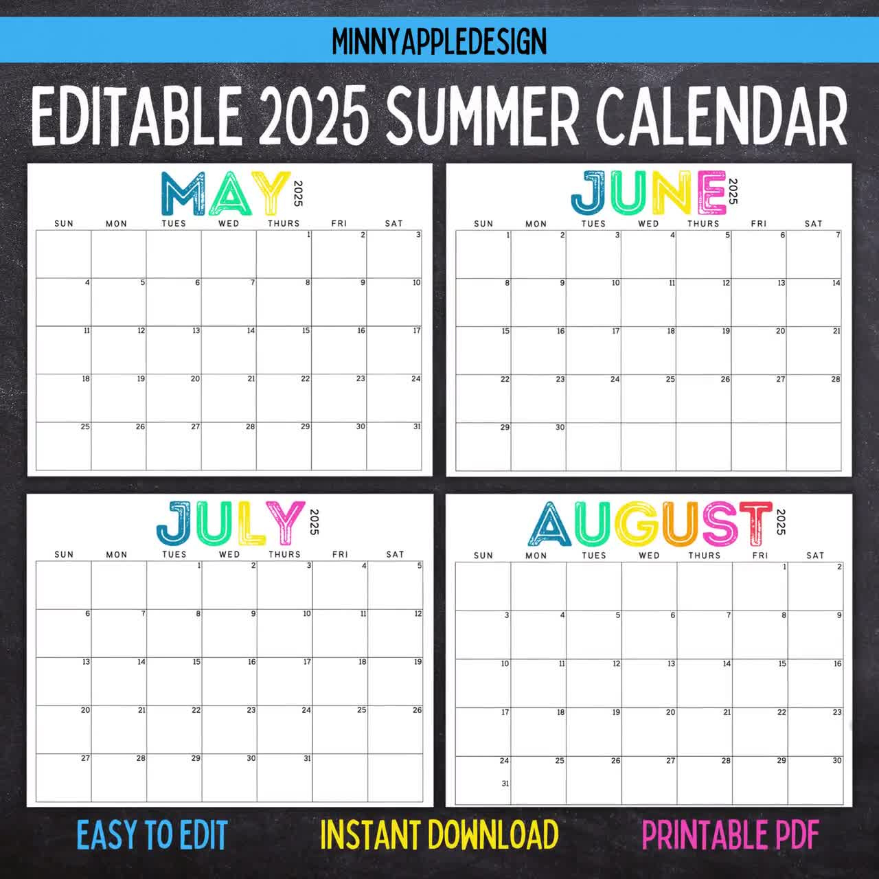 Printable Editable Summer Calendar June, July, August Calendar | May 2025 | June 2025 | July 2025 | August 2025 | Summer Planner - June July August 2025 Calendar Editable
