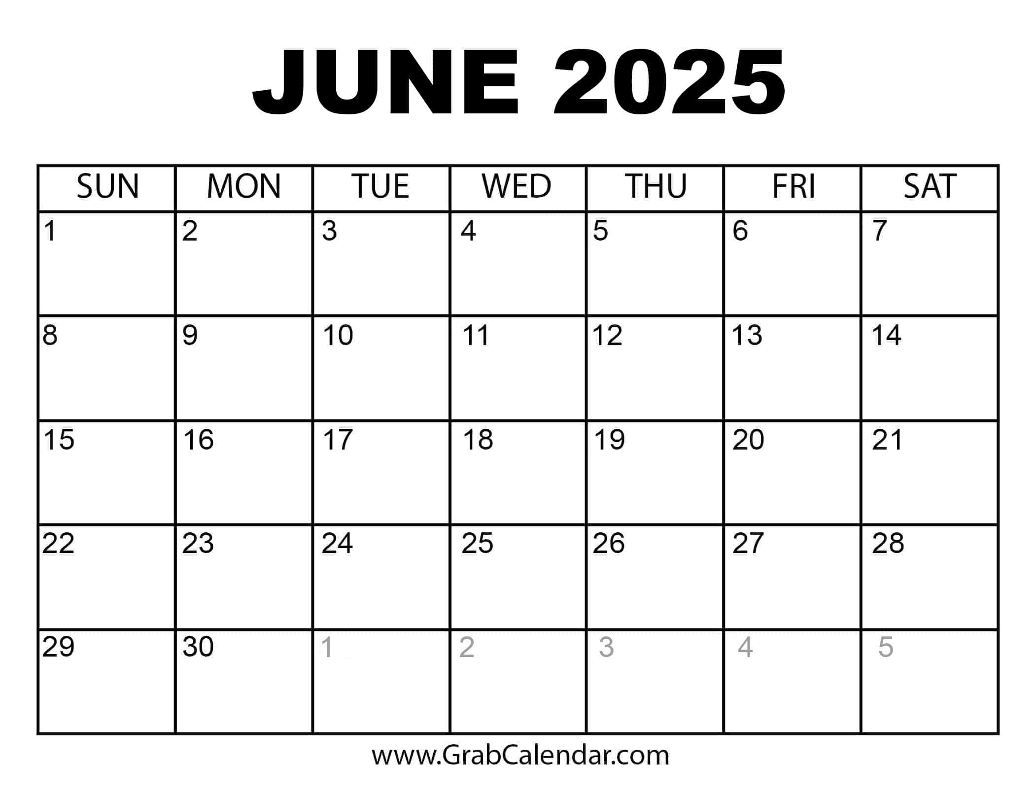 Printable June 2025 Calendar - Editable June Calendar 2025