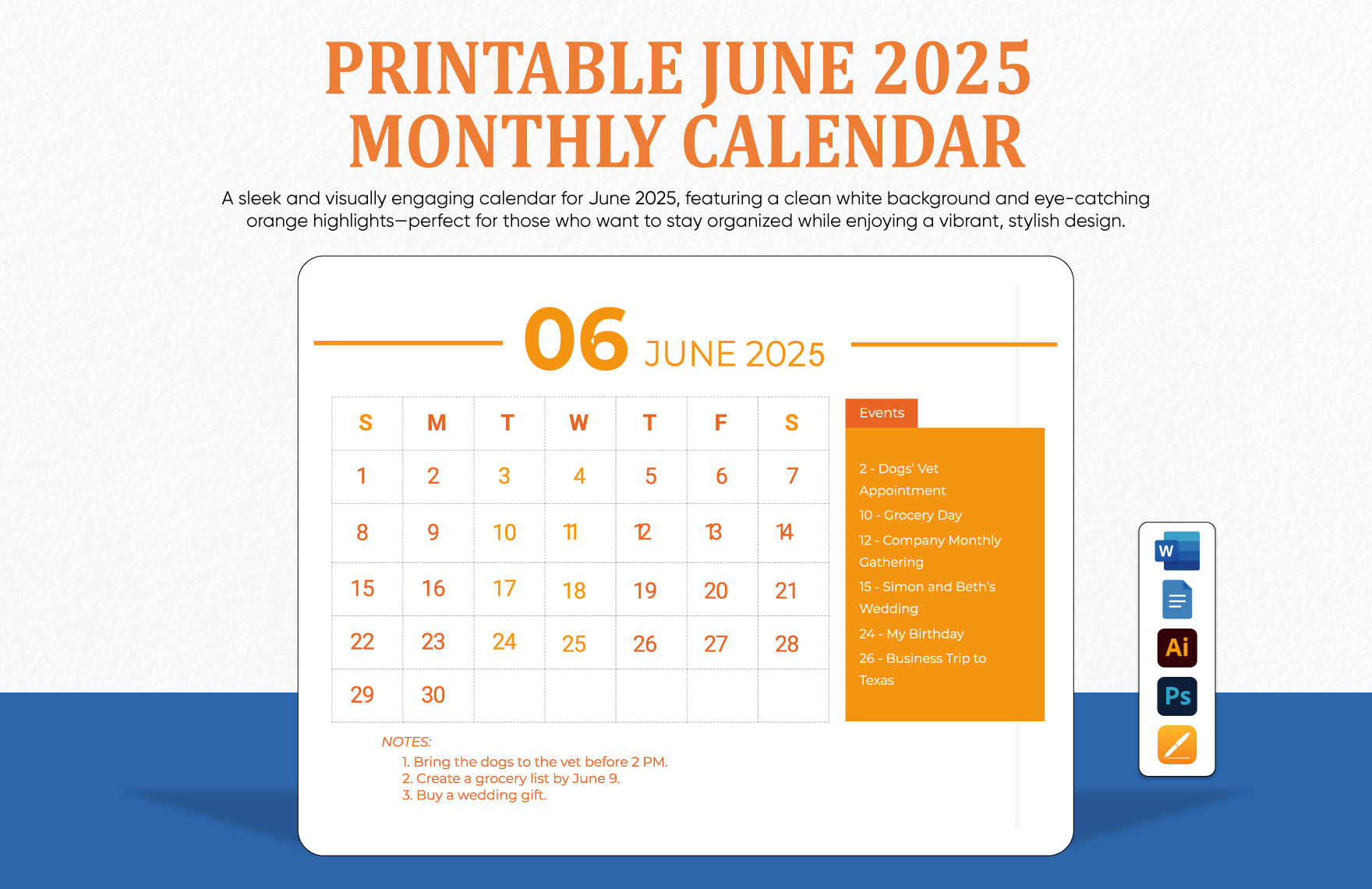Printable June 2025 Monthly Calendar Template In Psd, Illustrator - Google Calendar - June 2025