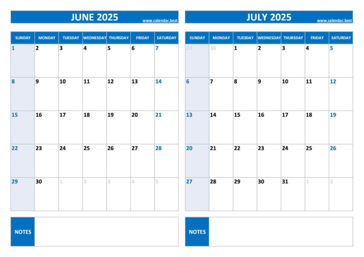 June to July 2025 Calendar