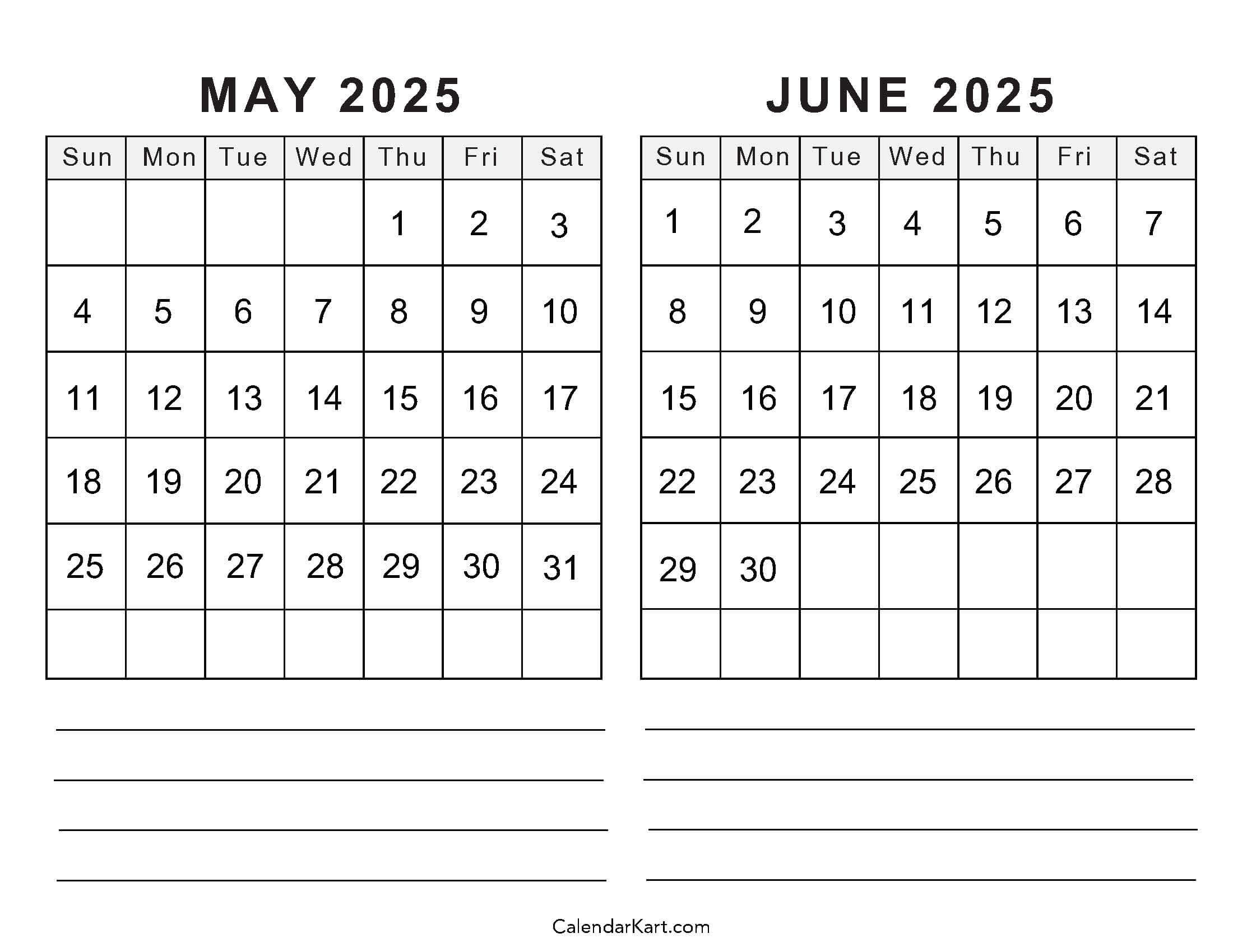 Printable May June 2025 Calendar Templates | Calendarkart - Calendar For May and June 2025