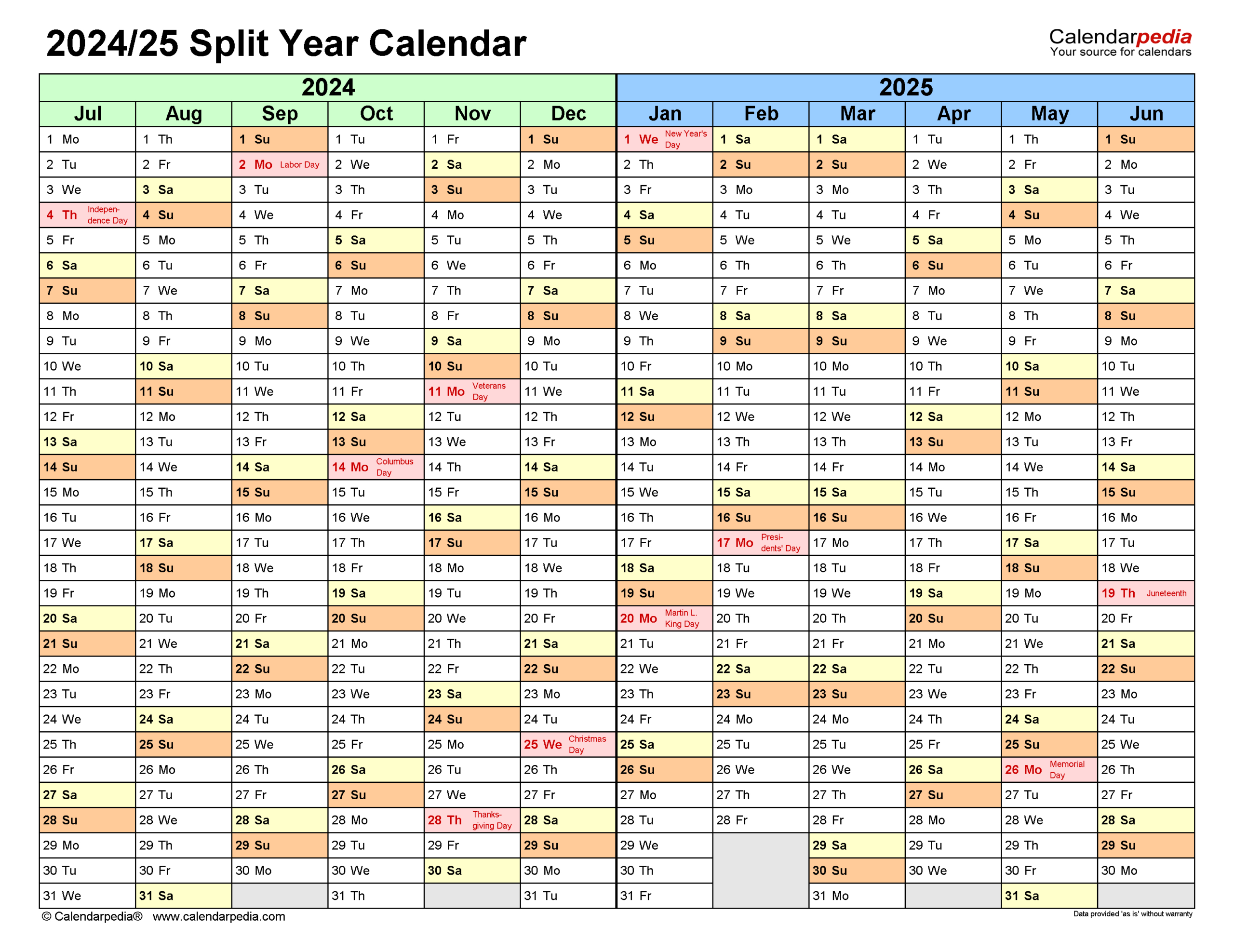 Split Year Calendars 2024/2025 (July To June) - Pdf Templates - August 2024 to June 2025 Calendar