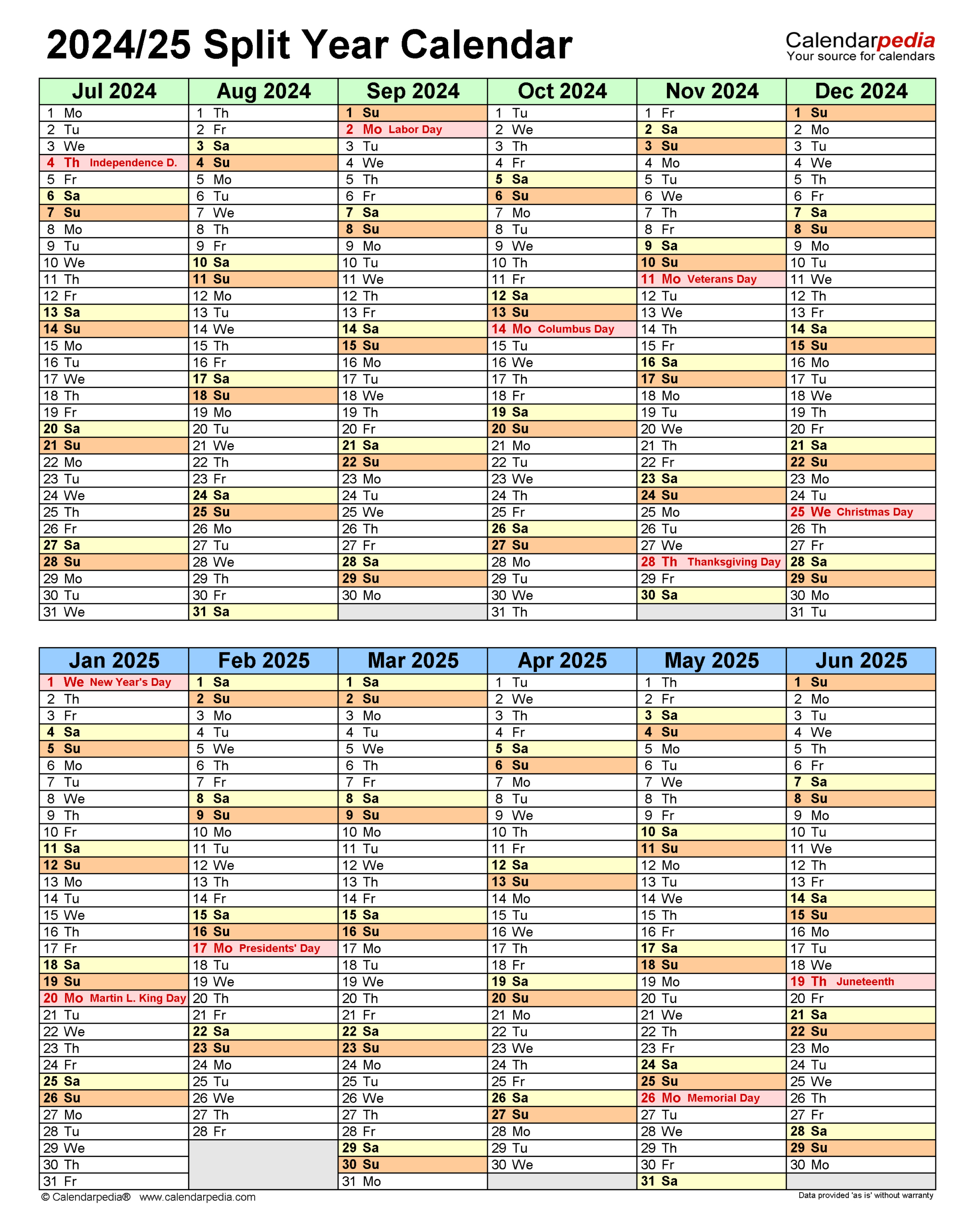 Split Year Calendars 2024/2025 (July To June) - Pdf Templates - July 2024 Through June 2025 Calendar