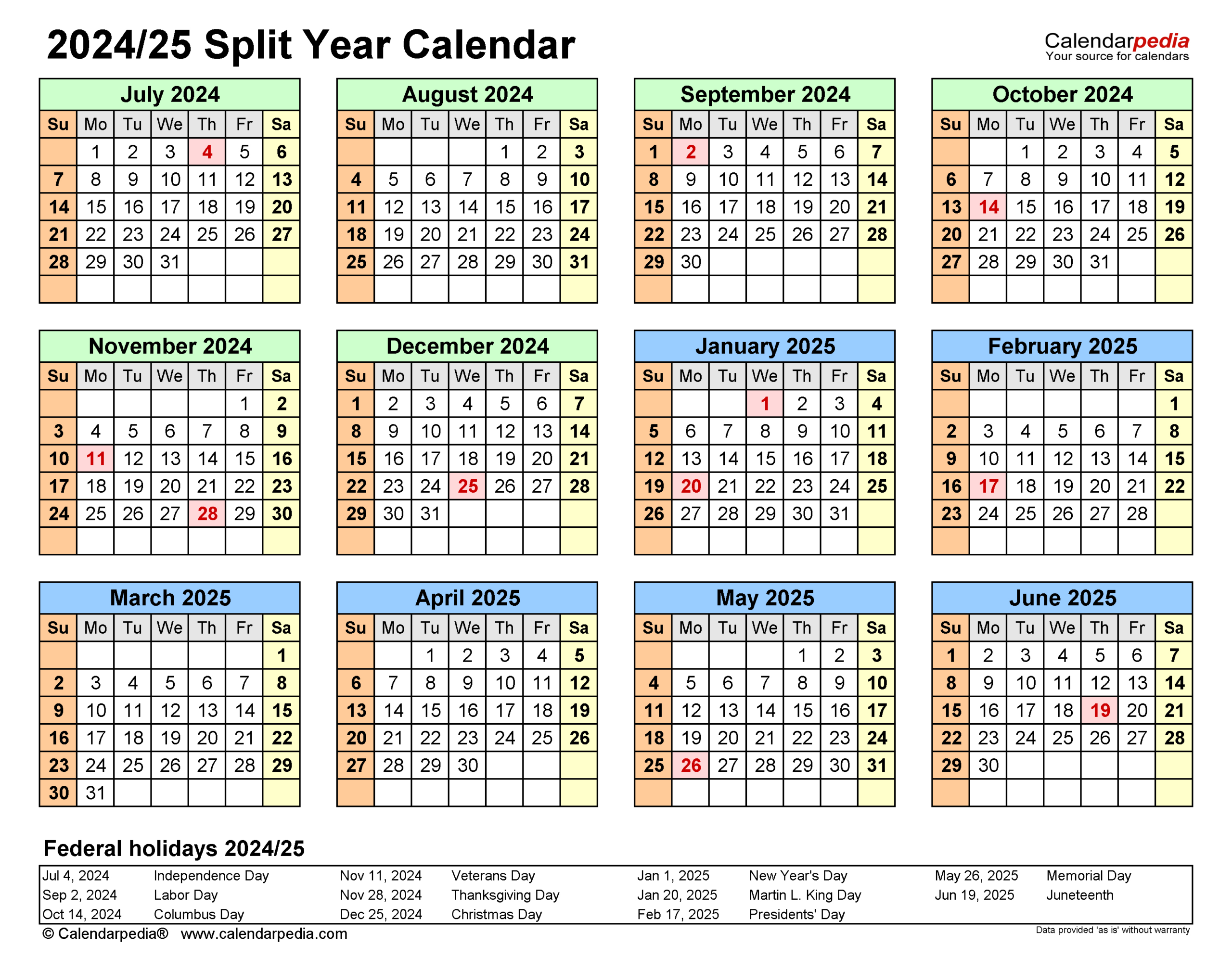 Split Year Calendars 2024/2025 (July To June) - Pdf Templates - Printable Calendar September 2024 - June 2025