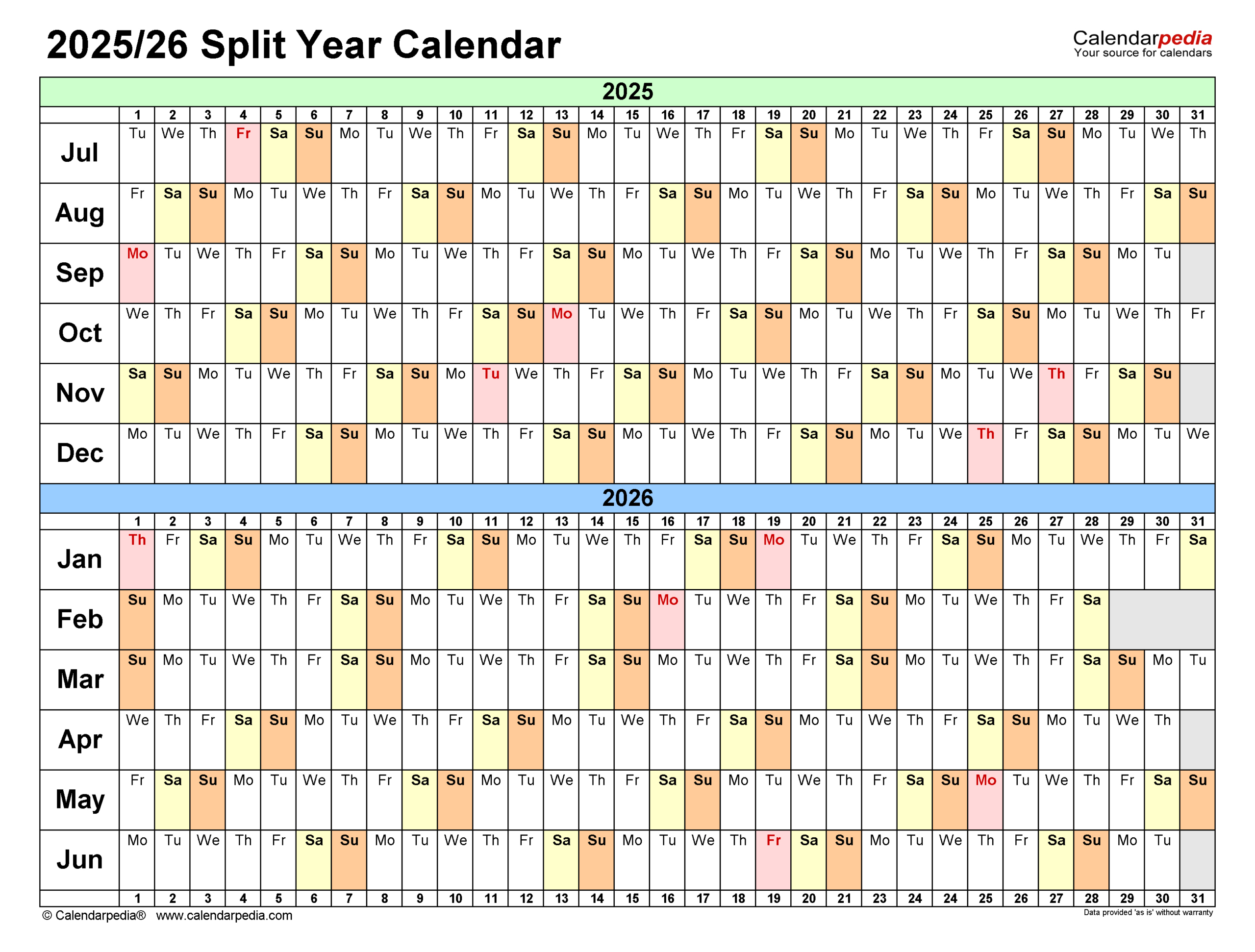 Split Year Calendars 2025/2026 (July To June) - Pdf Templates - June 2025 - June 2026 Calendar