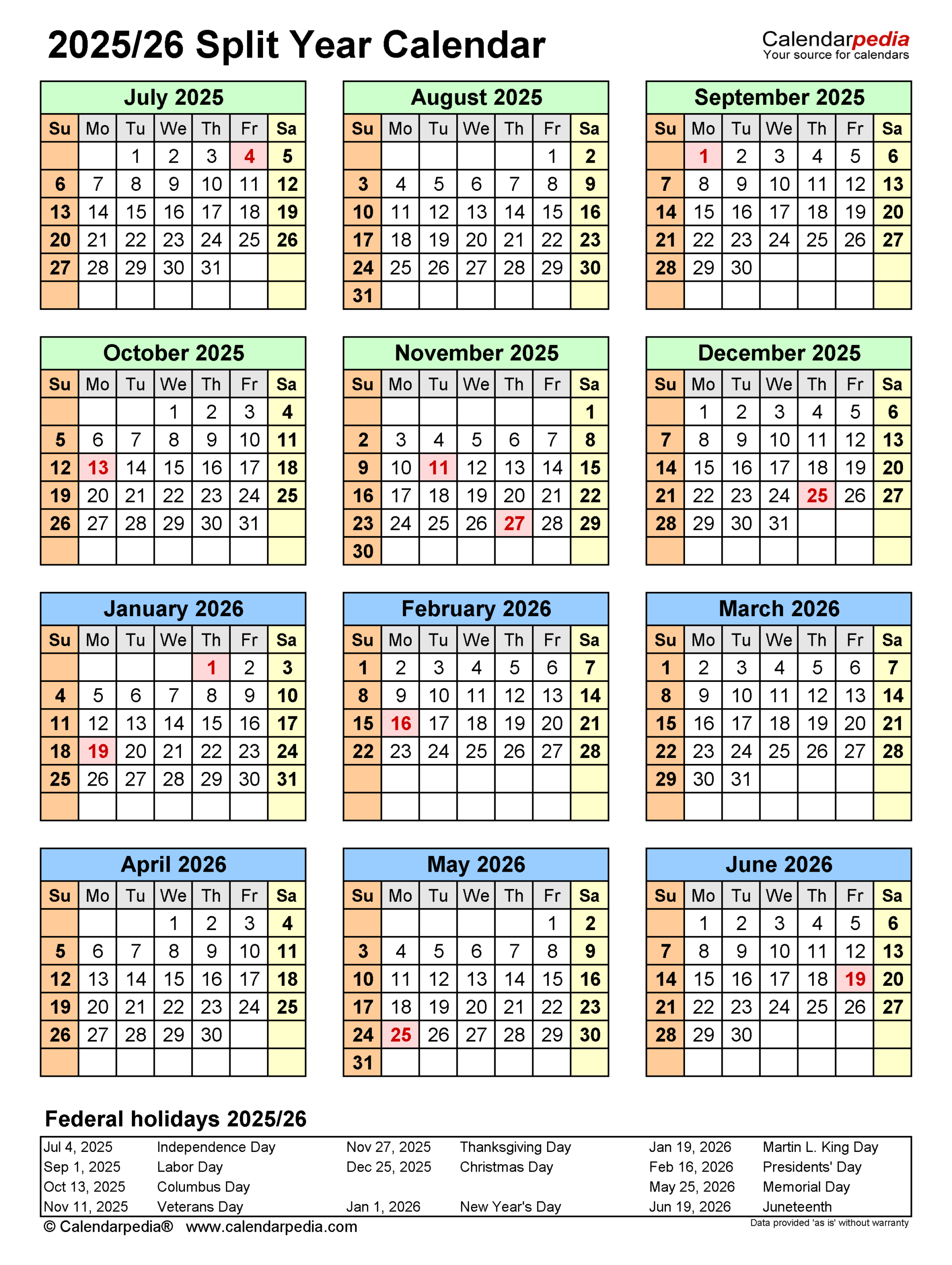 Split Year Calendars 2025/2026 (July To June) - Pdf Templates - June 2025 - June 2026 Calendar