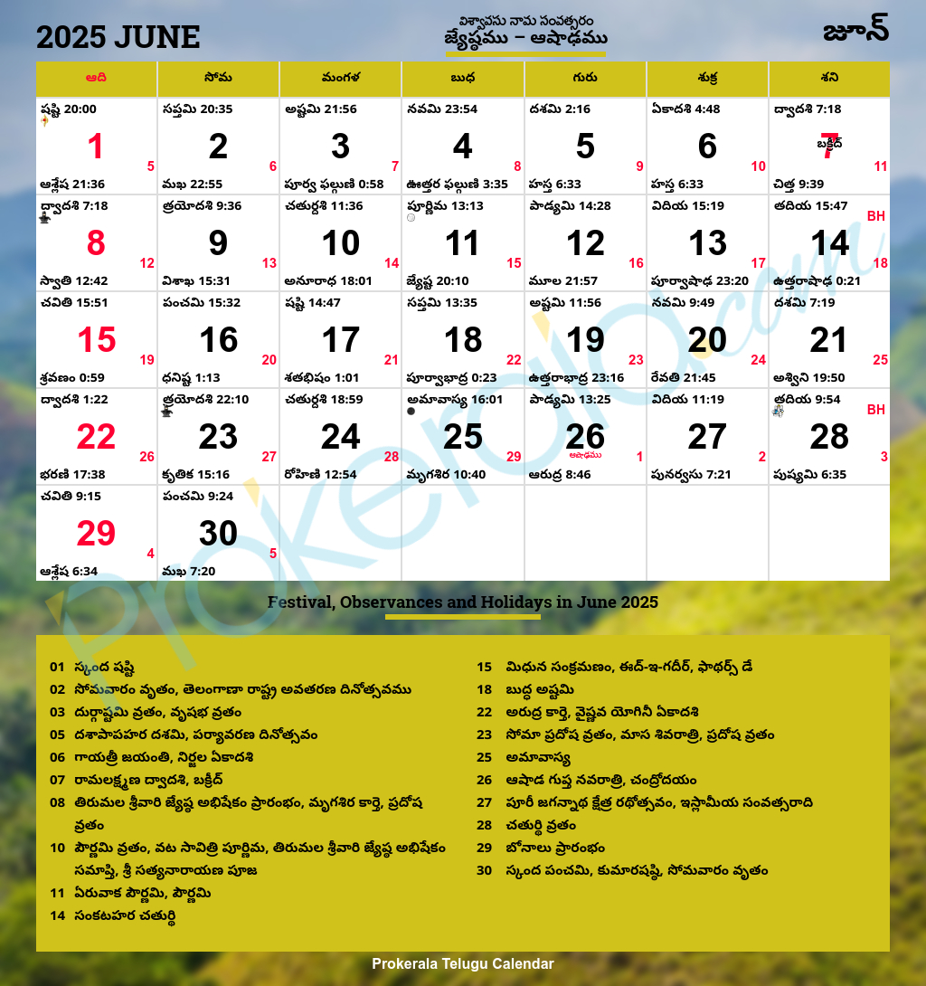 Telugu Calendar 2025, June - Chicago Telugu Calendar June 2025