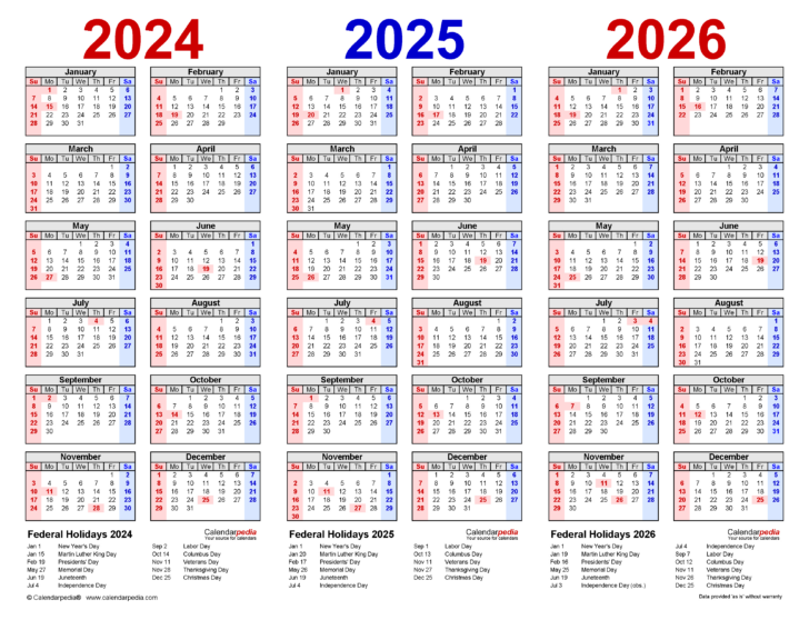 Calendar 2024 2025 2026 Free Printable