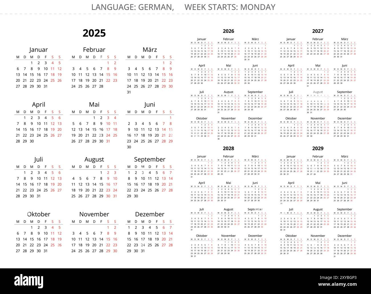 2025, 2026, 2027, 2028, 2029 Year Vertical German Calendars - 5 Year Calendar 2025 To 2029 Printable