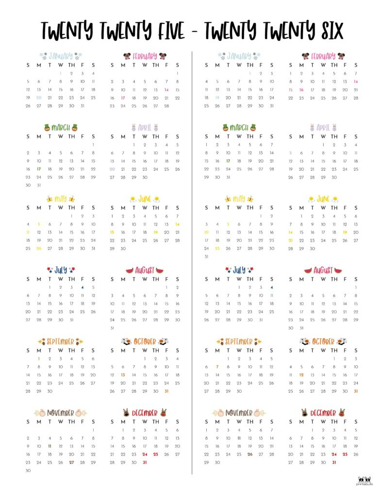 2025-2026 Two Year Calendars - 10 Free Cals | Printabulls - Free Printable Calendar 2025 And 2026