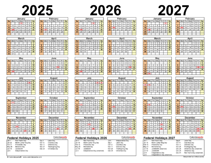 Printable Calendar 2025 2026 2027