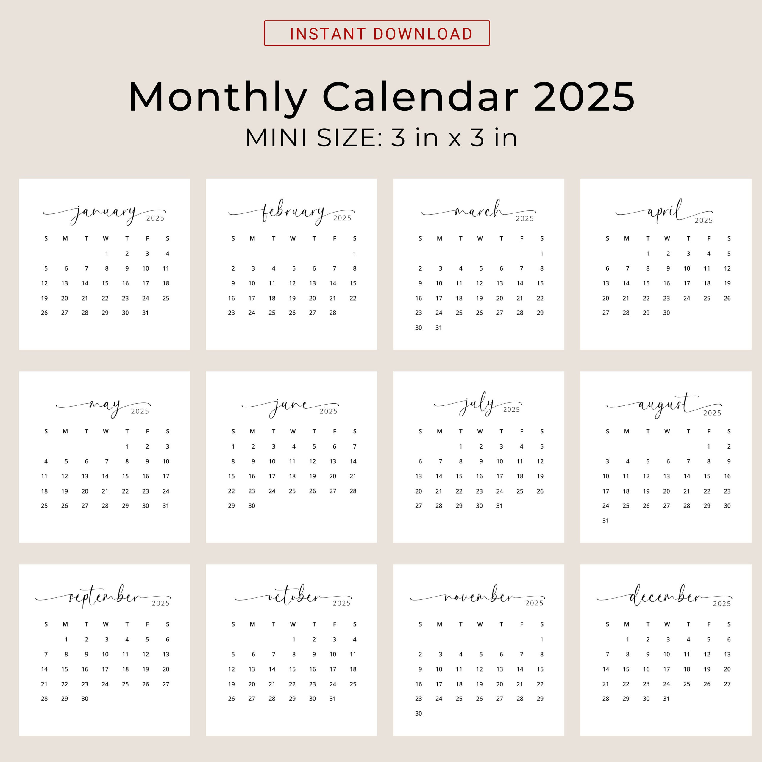 2025 3X3 Minikalender 2025 Kalenderkarte 2025 Taschenkalender - 2025 Mini Calendar Printable