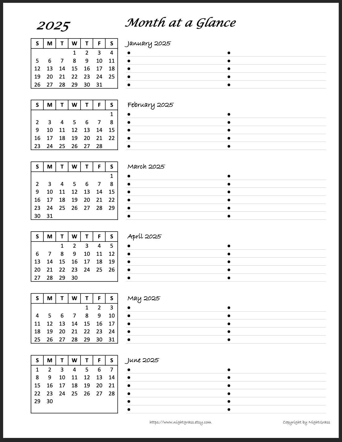 2025 6-Month At A Glance Minimalist Calendar, 8.5X11 Instant - Printable 6 Month Calendar 2025