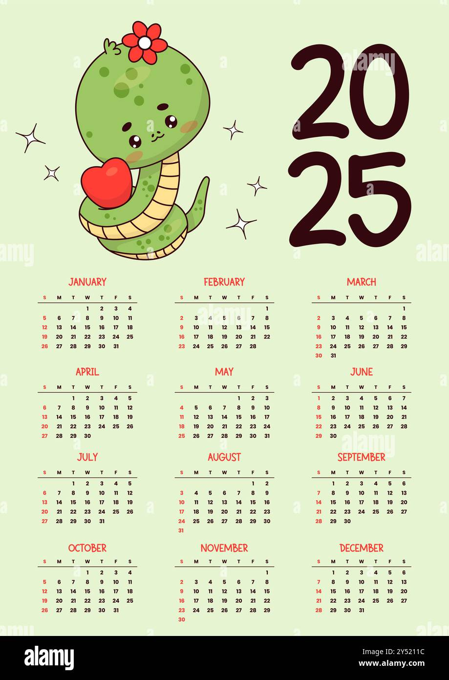 2025 Annual Calendar. Cute Snake Girl With Heart. Funny Kawaii - Funny Printable Calendar 2025