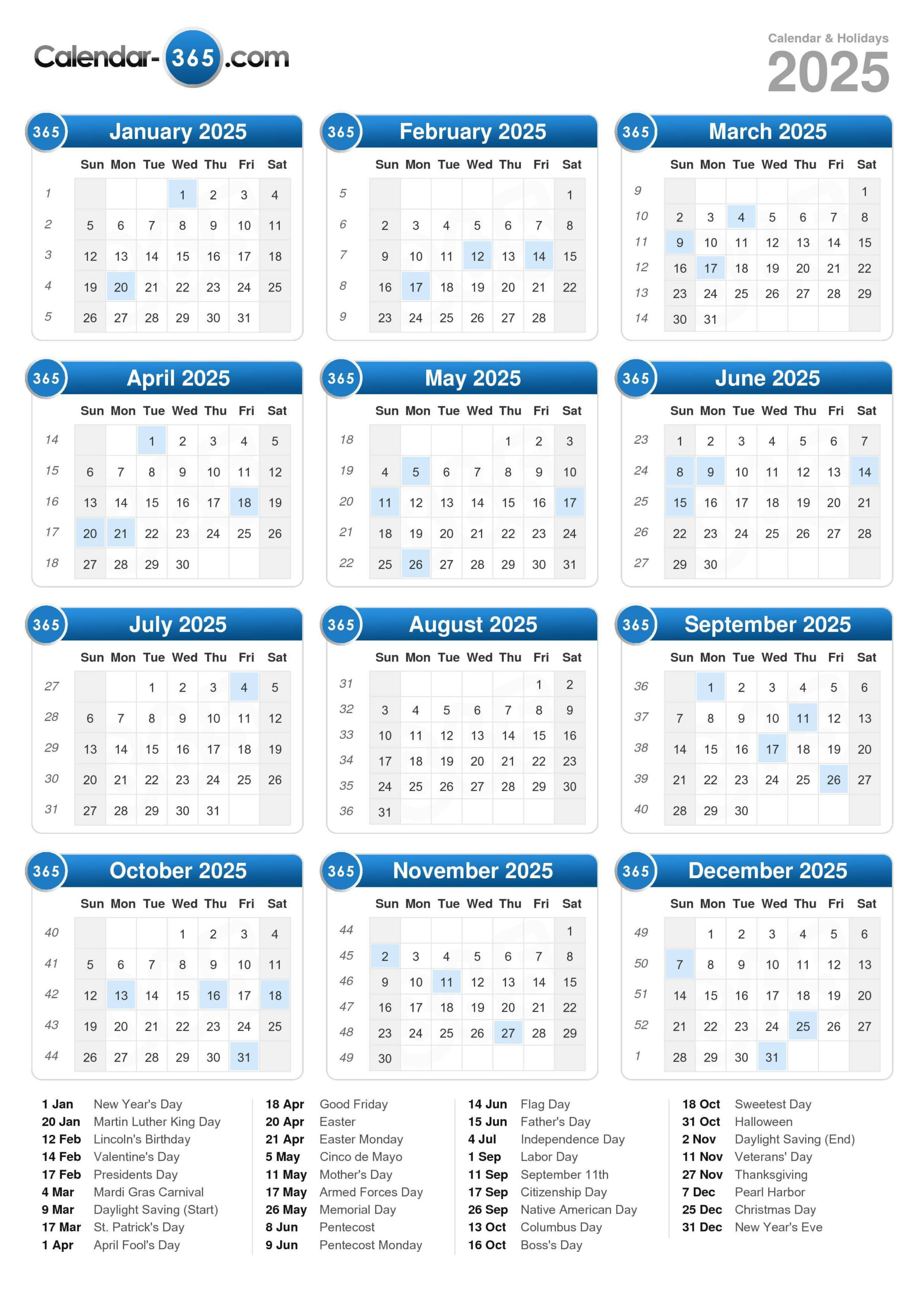 2025 Calendar - Calendar 365 2025 Printable
