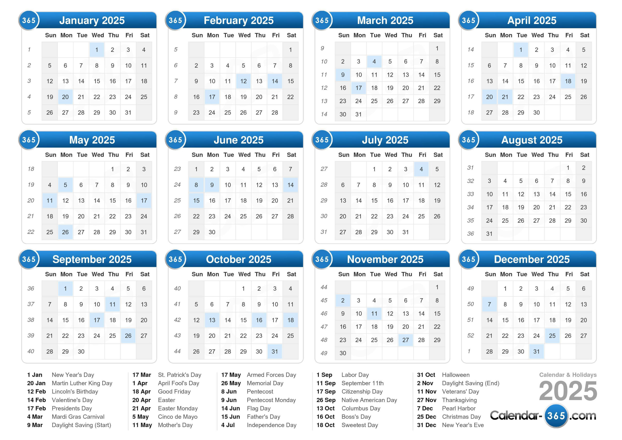 2025 Calendar - Calendar 365 2025 Printable