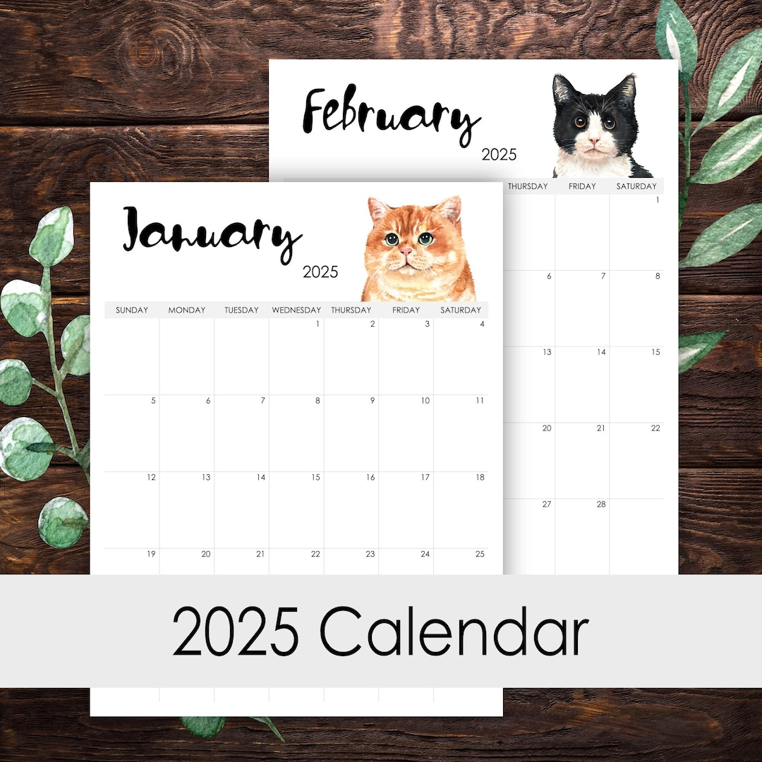 2025 Calendar Printable 12 Months Vertical Layout Watercolor Cats - Printable Calendar 2025 Cat