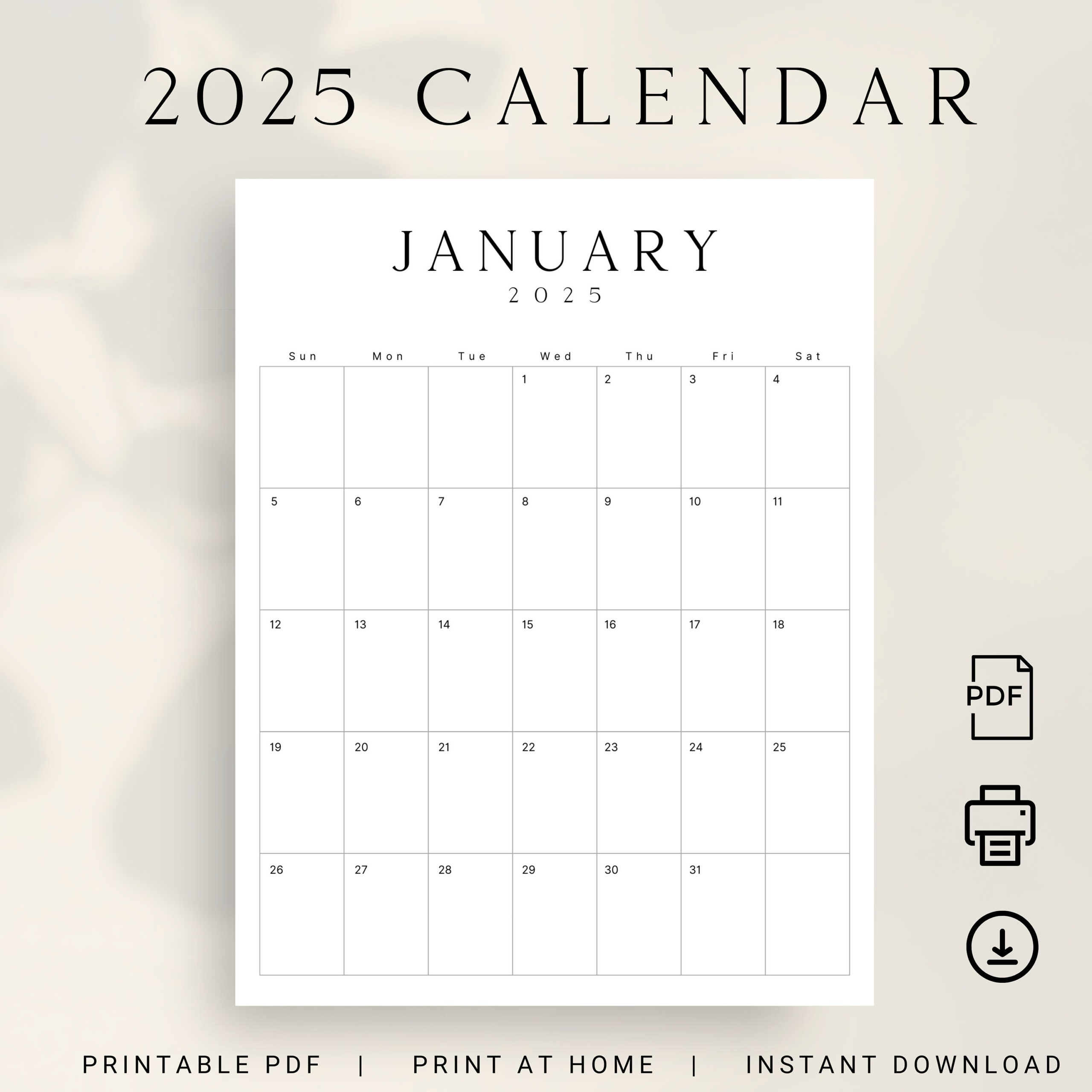 2025 Calendar Printable 2025 Monthly Planner Portrait 2025 Luxe - 5X7 Printable Calendar 2025